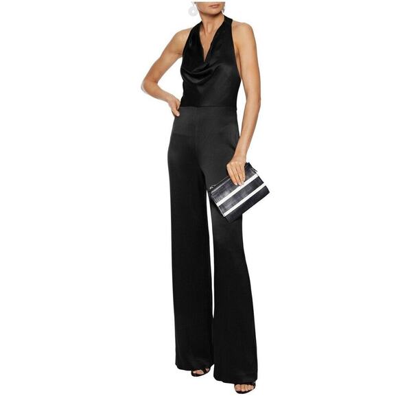 ALICE & OLIVIA Salem Draped Satin-crepe Halterneck Jumpsuit Black XS Cocktail
